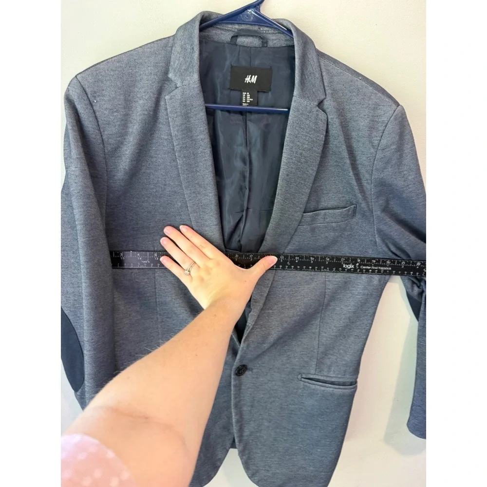 HM Mens Gray Textured Blazer Jacket with Elbow Patches Size 38R Slim Fit
